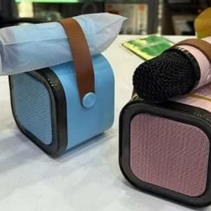 système de karaoké portable avec un microphone intégré.
